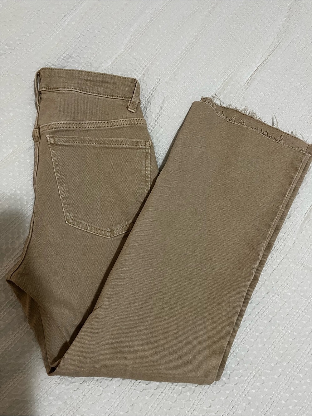 Mango Crop Flair Straight Jeans in Sand Sz 8 MNG Khaki Denim Raw Hem Stretch - Picture 8 of 11